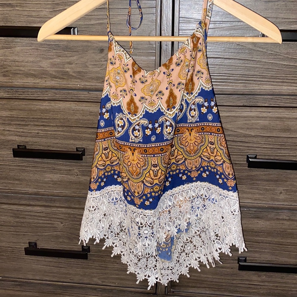 LA Hearts multi color lace halter crop top